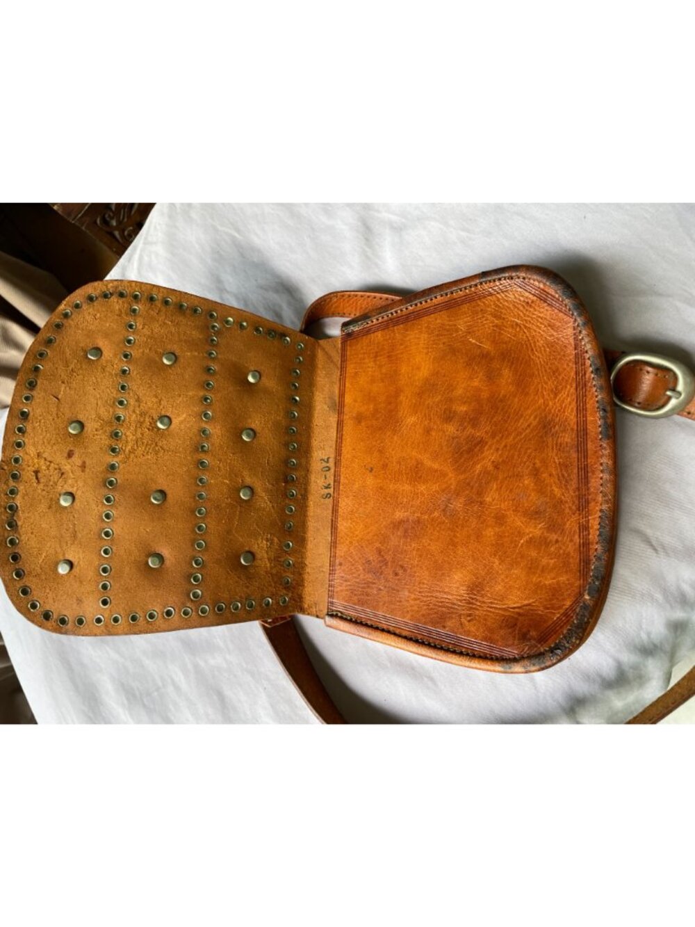 Vintage Moroccan Berber Leather Guerrab Bag Coin Studded Water Carrier 6x8 - Picture 8 of 14